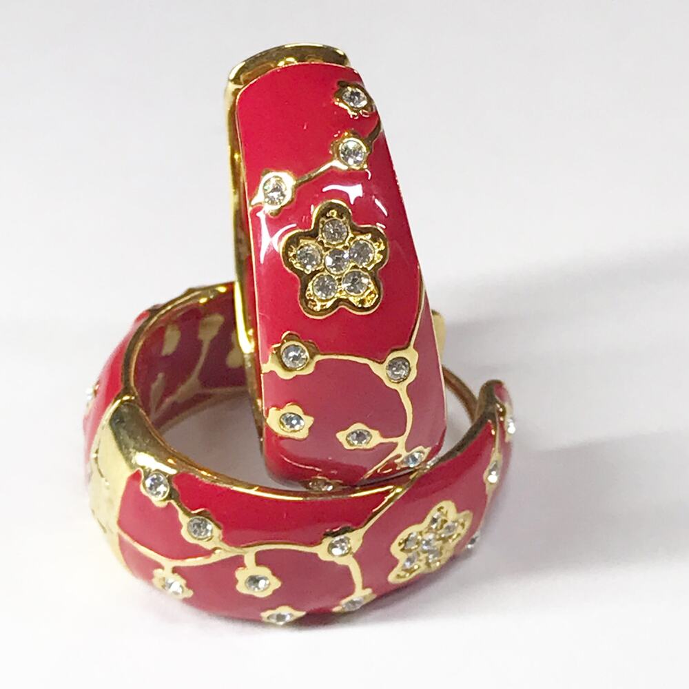 Lauren G Adams LGA Dome Tapered Hoop Earrings Gold Plated Red Enamel Rhinestone - Picture 12 of 12